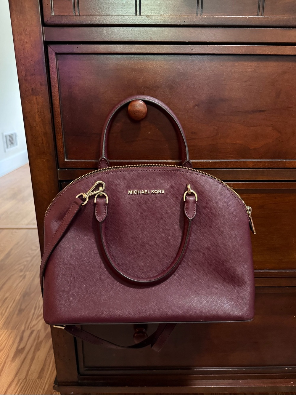 Michael Kors Burgundy Dome Satchel with Gold Hardware
